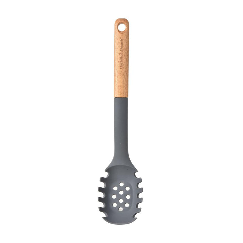 HB Cuchara para Pasta con Colador de Silicone Color Gris, 14" con Mango de Madera