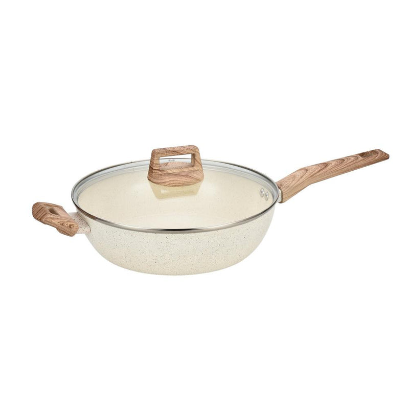 Sartén de Aluminio, Forjado de 28x7.5 cm con Mango, Asa y Tapa de Vidrio, Antiadherente de Cerámica