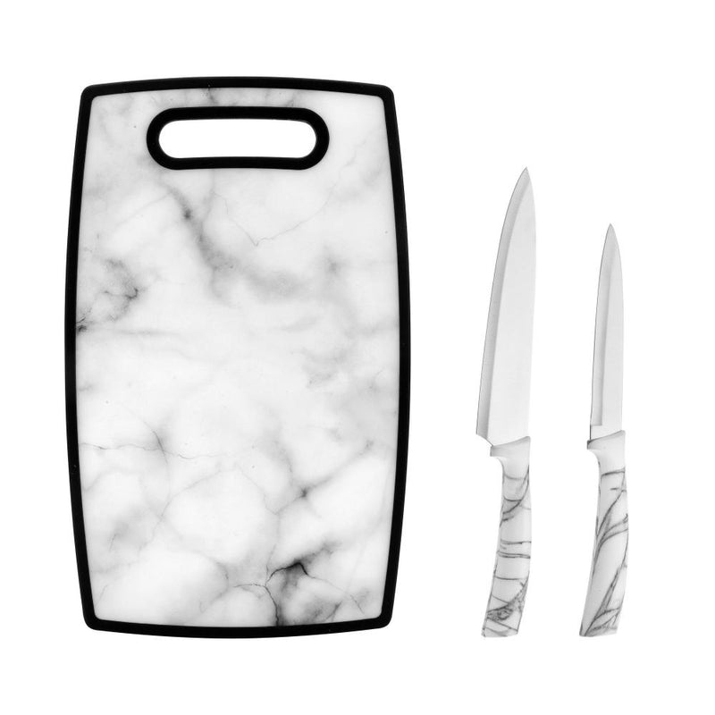Set de 3 Piezas: 2 Cuchillos, Chef y Utilitario + Tabla de Cocina Tipo Mármol
